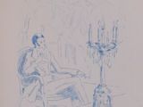a drawing of a man sitting in a chair next to a dog