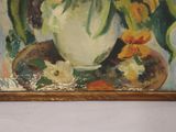 a painting of flowers in a vase on a table