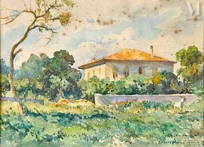 tableau représentant une maison dans un champ, avec des arbres et des buissons