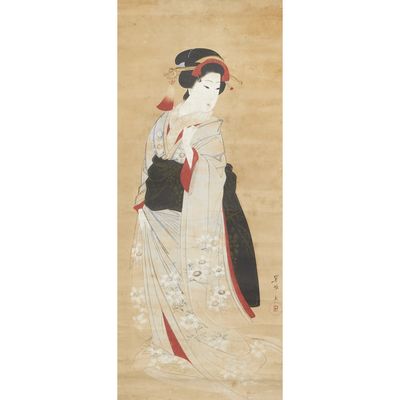 a painting of a woman in a kimono dress holding a fan