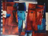 peinture abstraite représentant un groupe de personnes portant des chapeaux