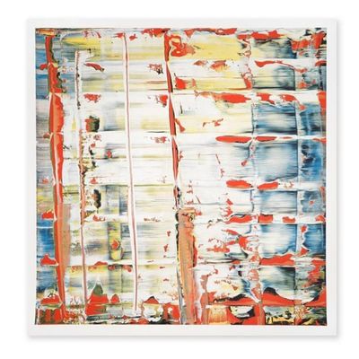 an abstract painting of red, white, and blue paint on a white background