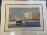 painting of a harbor scene with boats in the water and buildings in the background