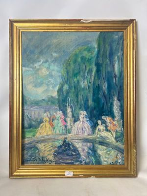 an image of a painting of a group of people on a bridge