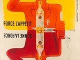 an old poster of a man sitting on a chair holding a bottle of liquor
