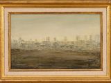 une peinture à l'huile représentant un paysage urbain, dans un cadre doré