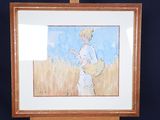 painting of a woman walking through a wheat field with a basket in her hand