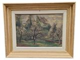 un tableau représentant un paysage avec des arbres et une maison à l'arrière-plan
