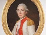 portrait d'un homme en uniforme rouge et blanc, dans un cadre doré