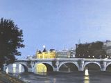 une peinture représentant un pont enjambant une rivière, avec un bâtiment en arrière-plan