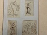 four sketches of a man and a woman in different poses