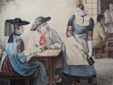 a painting of a group of people sitting at a table