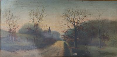 une peinture à l'huile représentant une route de campagne avec une église au loin