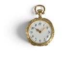a gold pocket watch with a white face on a white background
