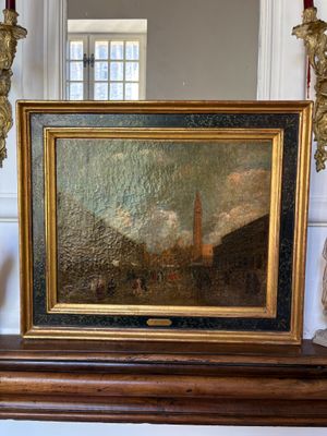 a picture of a painting on a mantle in a room