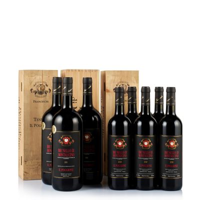 six bottles of red wine in a wooden box