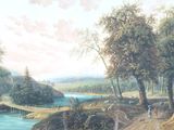 une peinture représentant une peinture d'une rivière sur laquelle figurent des vaches