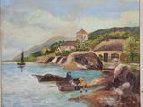 a painting of a couple of boats on the water