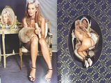 two pictures of a woman sitting in a chair with a mirror