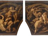 deux tableaux représentant un homme et une femme, sur lesquels figurent des fruits