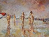 painting of a group of people standing on a beach holding umbrellas
