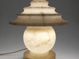 an image of a lamp with a wooden base and a white lamp shade