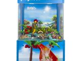 un Playmobil avec un toboggan aquatique et un décor de plage