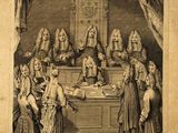 un vieux dessin représentant un groupe de personnes debout autour d'une table