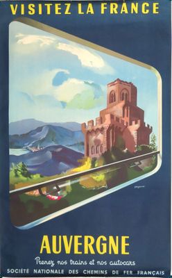 une photo d'une affiche représentant un château au bord d'une route