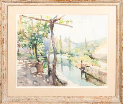 une image représentant une aquarelle d'une rivière et d'arbres