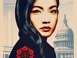 a poster of a woman with a rose in front of the capitol building