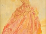 tableau représentant une femme en robe rose tenant une branche d'arbre