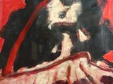 une peinture à l'huile représentant une femme en robe rouge tenant un parapluie rouge
