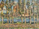 painting of trees in a field with a river in the background