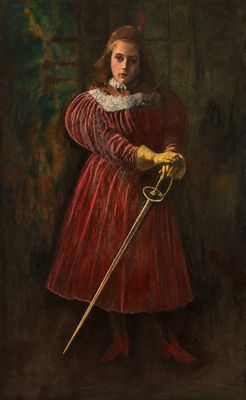 une image représentant un tableau où l'on voit une femme en robe rouge tenant une épée