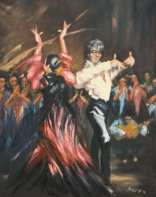 une peinture à l'huile représentant un couple dansant devant une foule de personnes