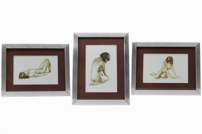 three framed pictures of a woman laying on the ground