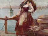 painting of a woman standing on a pier with a basket of fish