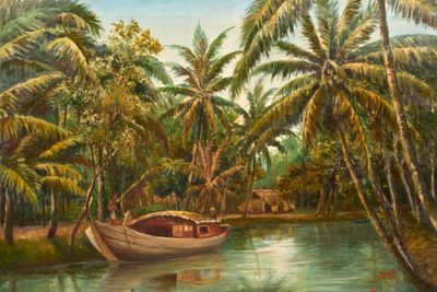 un tableau représentant un bateau sur l'eau, entouré de palmiers