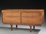 an image of a wooden cabinet with two doors and two legs