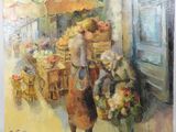 a painting of a woman standing in front of a fruit stand