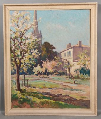 une peinture représentant une peinture d'une église au loin
