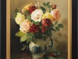 a painting of roses in a vase on a table