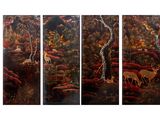 three panels of a painting of a giraffe and a deer in a forest
