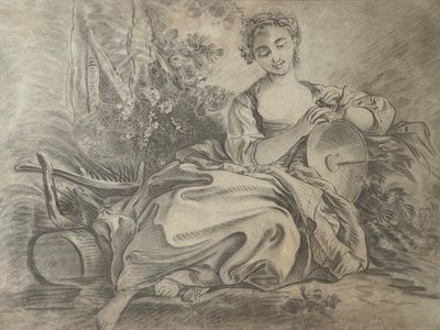 dessin représentant une femme assise sur un banc en train de jouer d'un instrument de musique