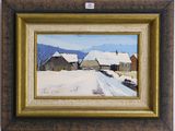 an image of a painting of a farm in the snow