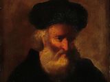 a painting of a bearded man with a black hat and a white beard