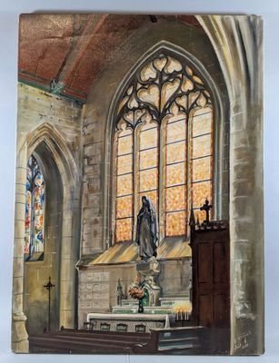 a painting of a church with a statue in it