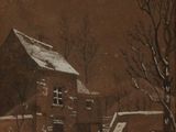 an image of a painting of a house and a horse in the snow