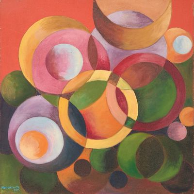 an oil painting of a bunch of different colored circles on a red background